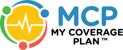 The logo for My Coverage Plan, 3 dots in red, green, and blue, encircle a large yellow circle with a pulse line.